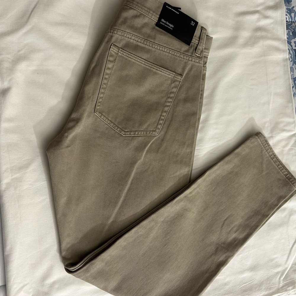 NWT Club Monaco Garment-Dyed Slim-Straight Denim Jeans In Olive Green Size 32.